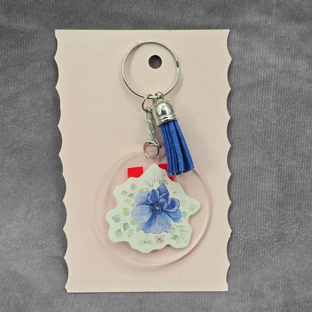 Letter Keychain‎ Clear Silver Circle Handmade Acrylic Tassel Flower U Blue